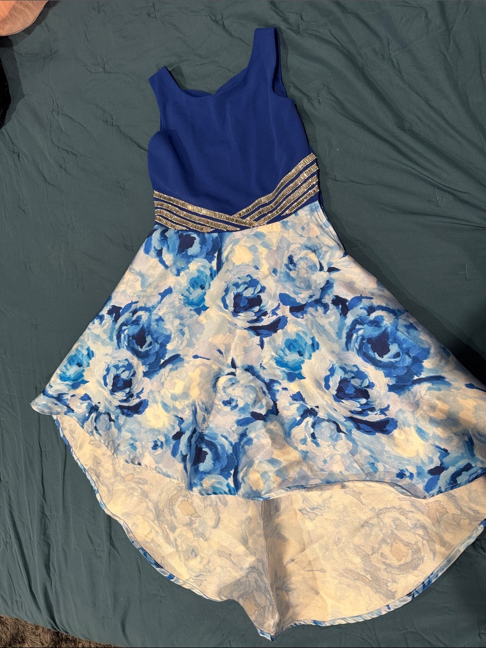 Royal Blue Floral High-Low Girls' Party Dress with Waist Trim